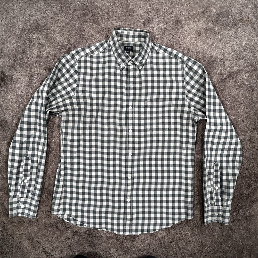 J. Crew Classic Men's Med. 100% Cotton Grayish Green Checkered Long Sleeve Shirt